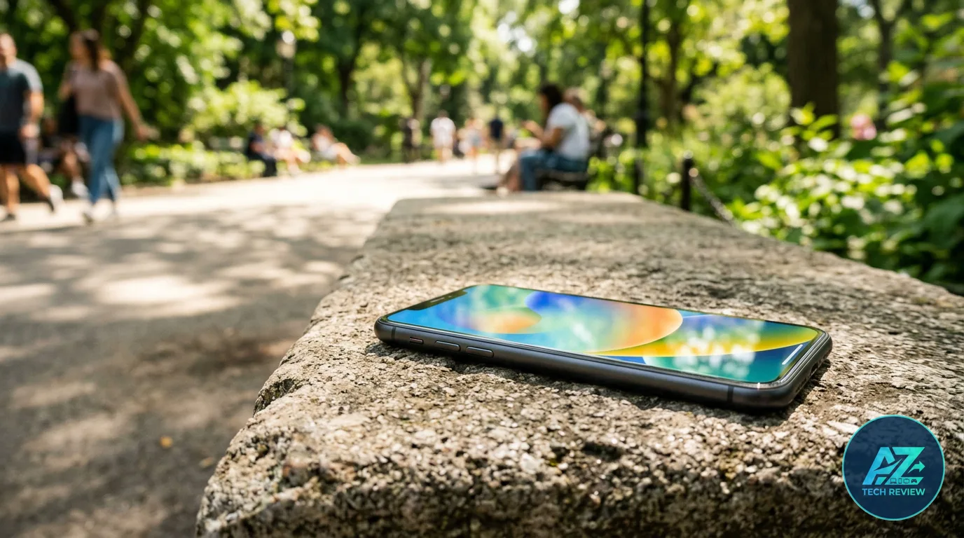 Smartphone apoiado sobre mureta de pedra em parque ensolarado, com a tela ligada exibindo papel de parede colorido e pessoas ao fundo.
