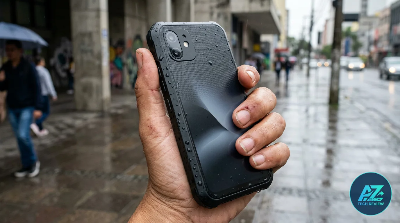 Mão segurando smartphone preto com gotas de água na traseira, em calçada molhada de cidade sob chuva suave.