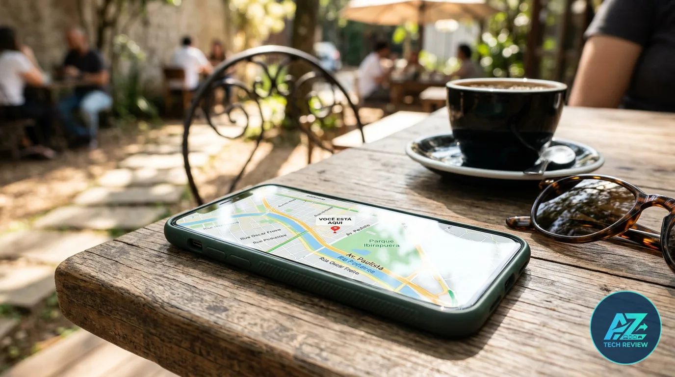 Smartphone sobre mesa de madeira ao ar livre exibindo aplicativo de mapa na tela, próximo a xícara de café e óculos de sol sob luz natural.
