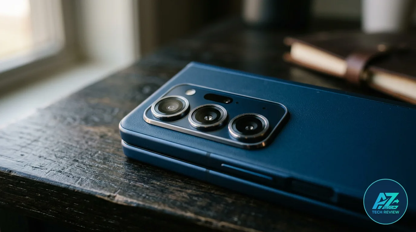 Traseira de um smartphone dobrável azul apoiado sobre uma mesa de madeira rústica perto de uma janela, com destaque para o módulo com três câmeras.