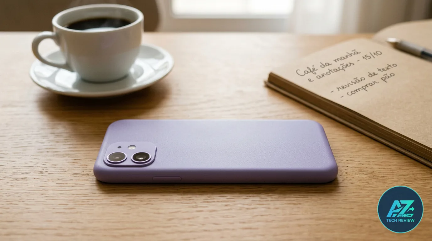 Smartphone lilás apoiado com a traseira para cima sobre mesa de madeira, ao lado de xícara de café e caderno de anotações sob luz natural.