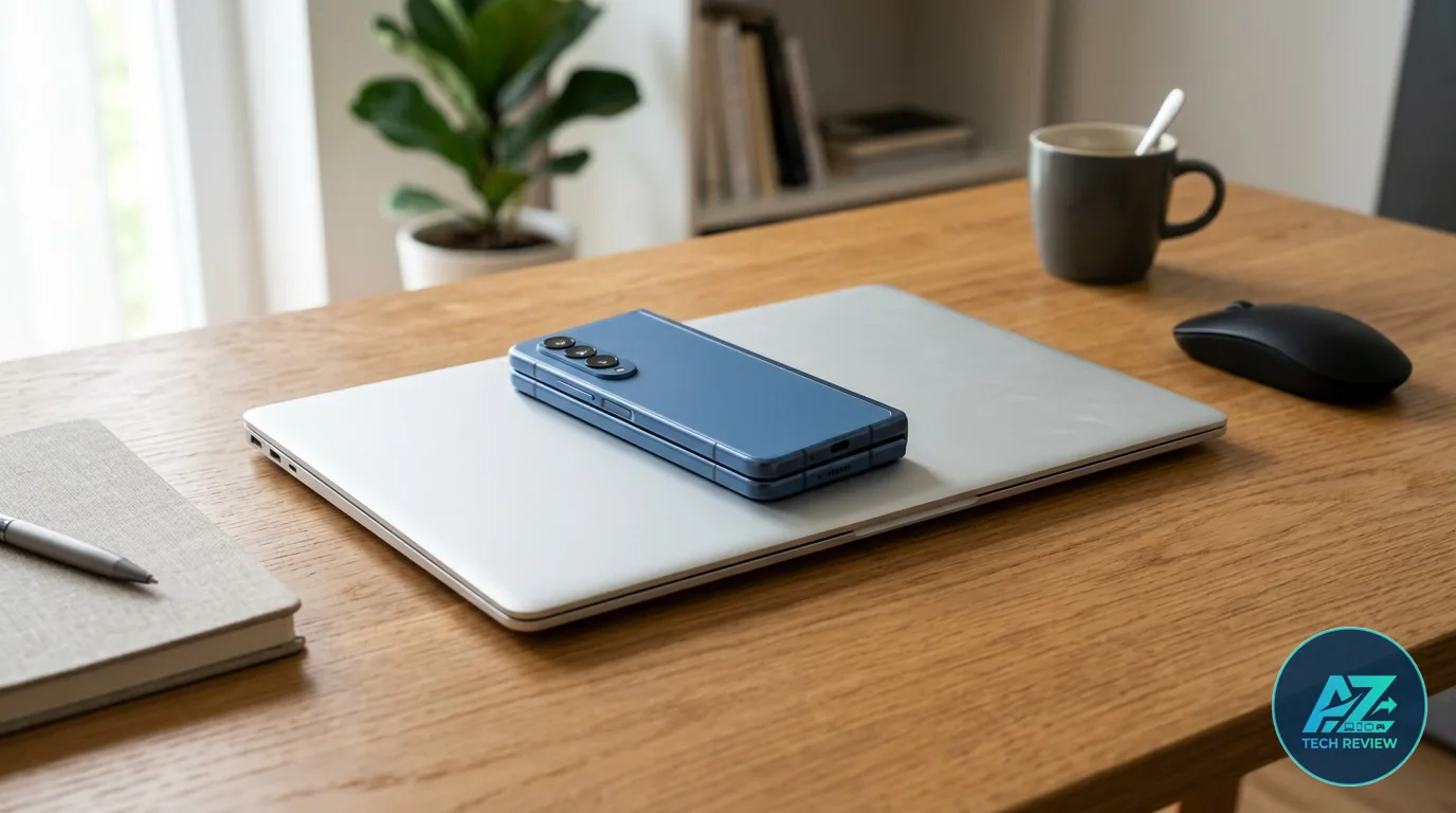 Smartphone dobrável azul fechado repousa sobre um notebook prateado em mesa de madeira clara com mouse, caderno e xícara ao fundo sob luz natural.