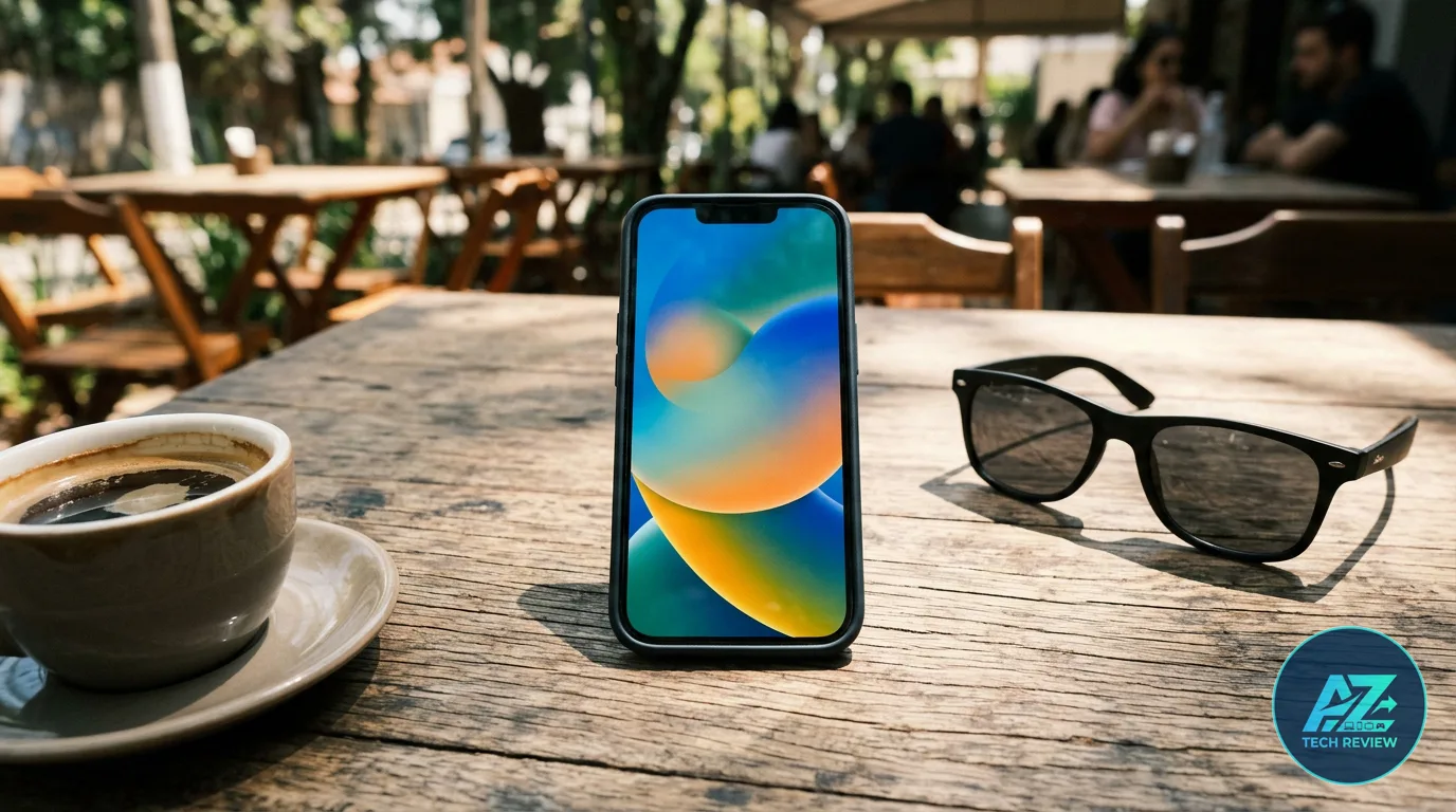 Smartphone apoiado em pé sobre uma mesa de madeira ao ar livre, ao lado de uma xícara de café e óculos de sol sob iluminação natural.