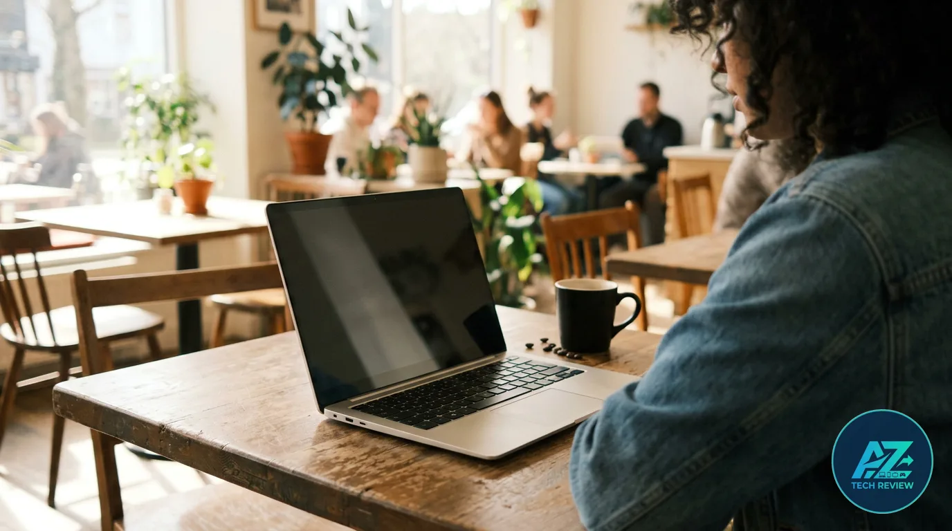 Pessoa sentada em uma cafeteria iluminada, diante de uma mesa de madeira com uma caneca de café e um notebook aberto com a tela desligada.