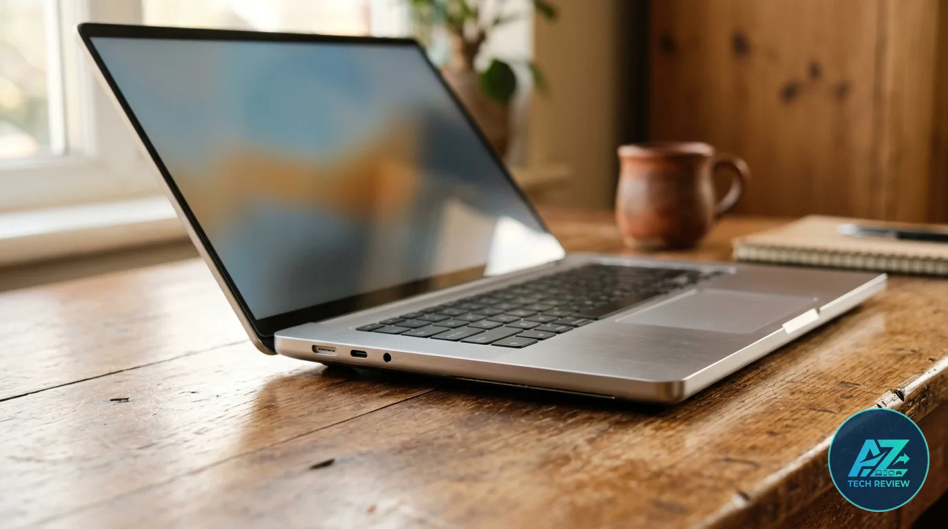 Notebook prateado aberto sobre mesa de madeira rústica, exibindo teclado e tela reflexiva em ambiente iluminado por luz natural próxima a uma janela.